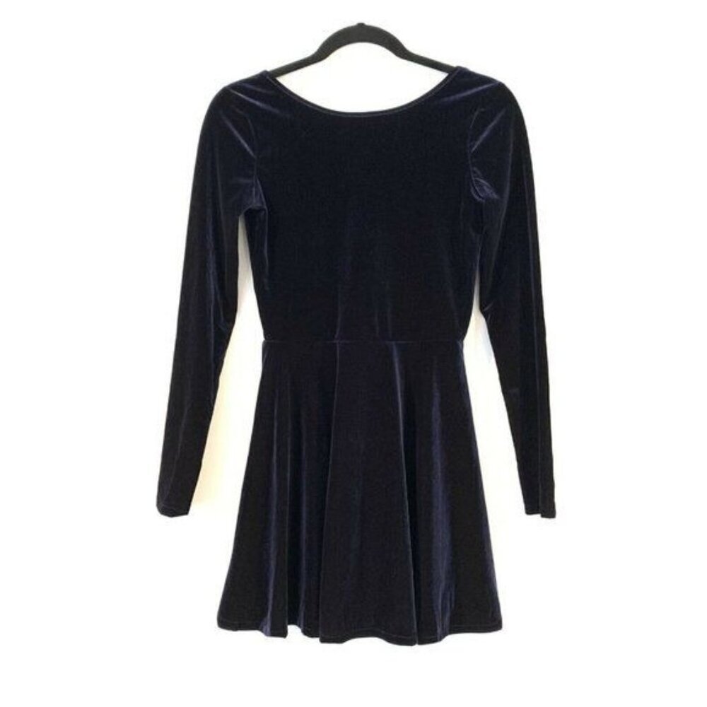 Bethany Mota Navy Blue Velvet Long Sleeve Skater Dress Scoop Back Size S - Picture 2 of 7